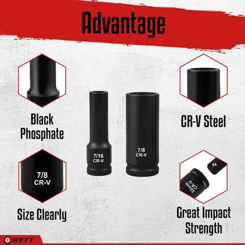 One Half Inch Drive Deep Impact Socket Set, 20 Piece Metric Cr-V Steel, 6 Point Sockets showing black phosphate finish