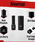 Three Eighth Inch Drive Impact Socket Set With Forty Eight Piece SAE And Metric Deep And Shallow Sockets Plus Three Inch And Six Inch Extension Bars Three Eighth Universal Joint And Three Eighth To One Half Inch Adapter Cr V Steel Six Point showing black phosphate and CR-V steel advantages