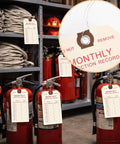 Must-Have Fire Extinguisher Inspection Tags 100 Pack With Wire Ties For Monthly Records And 2 Year Coverage Size Four And Three Quarters By Two And Three Eighths Inches Indoor And Outdoor Use For Easy Safety Compliance; tags on extinguishers in storage.