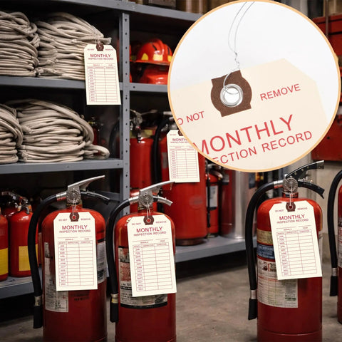 Must-Have Fire Extinguisher Inspection Tags 100 Pack With Wire Ties For Monthly Records And 2 Year Coverage Size Four And Three Quarters By Two And Three Eighths Inches Indoor And Outdoor Use For Easy Safety Compliance; tags on extinguishers in storage.