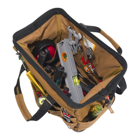 Top view of Onsite Tool Bag For Pros Built Tough Durable Water Resistant 16 Inch Heavyweight Tool Organizer with Molded Base