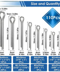 Pro Grade Heavy Duty Cotter Pin Kit With 110 Pieces In Eight Sizes From M2 To M6 shown with dimensions and quantities