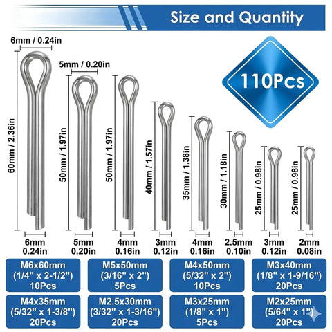 Pro Grade Heavy Duty Cotter Pin Kit With 110 Pieces In Eight Sizes From M2 To M6 shown with dimensions and quantities