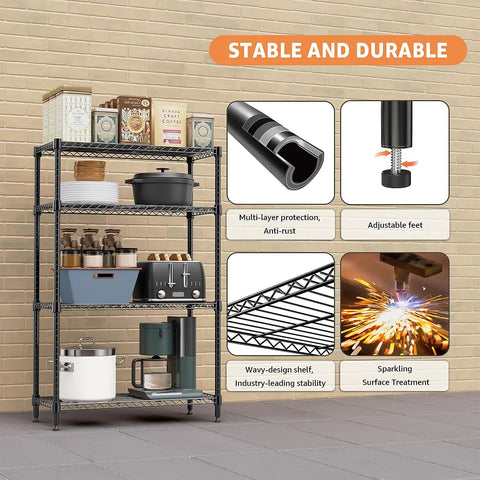 Beefy Heavy Duty 1400 Lbs 4 Tier Metal Wire Shelving Rack for Home Kitchen Pantry Garage Basement Utility Room Black with details