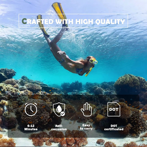 Diver with Mini 0.5L Scuba Tank For Emergency Air Supply Portable Snorkeling Oxygen Canister in underwater scene