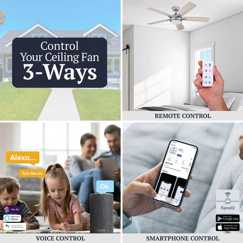 52 Inch Espresso Smart Ceiling Fan With Remote Control, app and voice control, showing multi-use in medium to large rooms