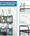 2 Piece Tiered Pegboard Basket Set With 4 Hooks Black Pegboard Storage System For Garage Workbench Kitchen And Bathroom Organization Two Grid Bins Easy Install Heavy Duty Metal Build displayed on pegboard wall with hooks.