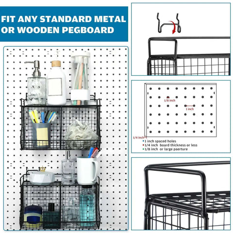 2 Piece Tiered Pegboard Basket Set With 4 Hooks Black Pegboard Storage System For Garage Workbench Kitchen And Bathroom Organization Two Grid Bins Easy Install Heavy Duty Metal Build displayed on pegboard wall with hooks.