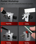 Ultra Precision Mold Steel Hobby Vise With 360 Degree Base Six Clamp Rods And 2.28 Inch Opening Width Handheld DIY Vise showing engraving, cutting, painting, and sanding tasks.