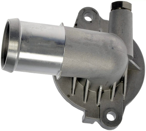 Patented Aluminum Thermostat Housing Assembly for Chrysler and Dodge, shown in robust metal design, side view