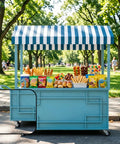 Hustle Ready Portable Mobile Vendor Cart, Dope Flower Display Stand With Heavy Duty Awning, Street Smart Pop Up Food Stall For Market Crafts, Golden Wide Countertop Rack showcasing a variety of snacks outdoors.