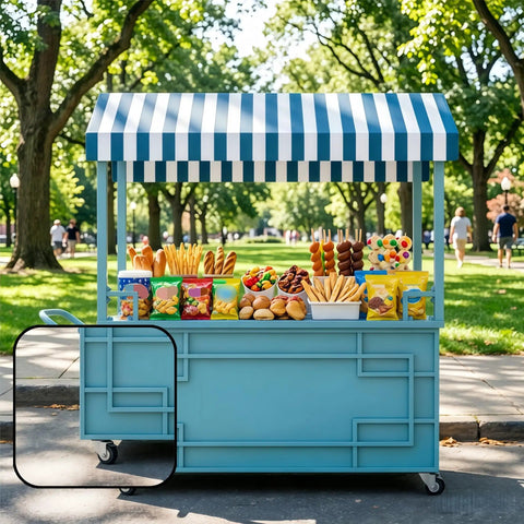 Hustle Ready Portable Mobile Vendor Cart, Dope Flower Display Stand With Heavy Duty Awning, Street Smart Pop Up Food Stall For Market Crafts, Golden Wide Countertop Rack showcasing a variety of snacks outdoors.
