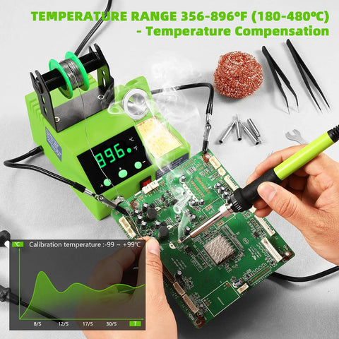 100W Digital Soldering Station Kit With 2 Helping Hands, Fast Heat, Big LED Display, Temperature Range 180 Celsius To 480 Celsius, Celsius Fahrenheit Conversion, Auto Sleep, Includes Solder Wire And Tools, Green