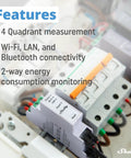 Heavy Duty 3 Phase Smart Energy Meter Slick Setup For Precise Two Way Power Tracking Din Rail Mount with features displayed.