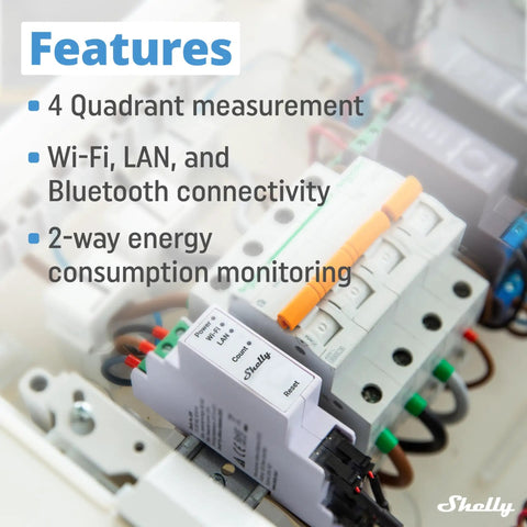 Heavy Duty 3 Phase Smart Energy Meter Slick Setup For Precise Two Way Power Tracking Din Rail Mount with features displayed.