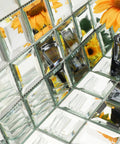 Mirror Glass Mosaic Tiles With Slick Beveled Silver Crystal Finish For Kitchen Backsplash And Bathroom DIY Projects, 2 Inch Tiles On 12x12 Inch Mesh Sheets, showing a close-up of sunflower reflection.