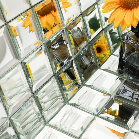 Mirror Glass Mosaic Tiles With Slick Beveled Silver Crystal Finish For Kitchen Backsplash And Bathroom DIY Projects, 2 Inch Tiles On 12x12 Inch Mesh Sheets, showing a close-up of sunflower reflection.