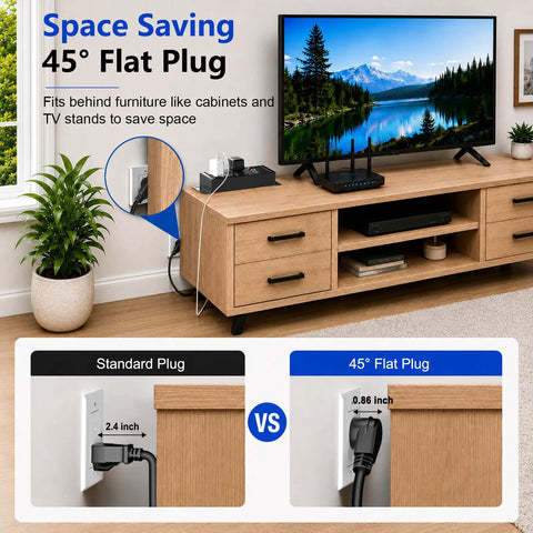 Space-saving comparison of standard plug vs 45° flat plug for Heavy Duty Surge Protector Power Strip With 6 Outlets 2500J.