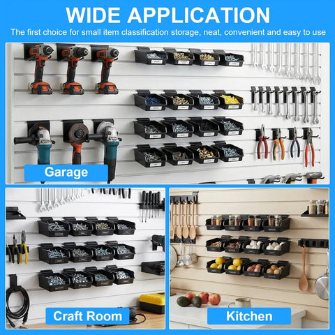 12 Pack Slatwall Bins With Hooks Organization Kit for Garage Workshop Slatwall Panels, storing tools and accessories.