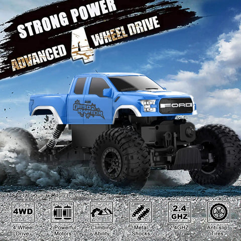 Blue Ford Raptor F150 4x4 RC Car Monster Truck For Kids, 1:18 Scale Off Road Crawler, fast 20-25 kmph on gravel