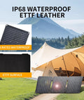Foldable 30W Solar Panel Charger for Camping and Hiking with IP65 Waterproof ETFE Panel near a tent in a scenic area