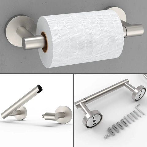 3 Piece Bathroom Hardware Set With Brushed Finish Toilet Paper Holder Hand Towel Ring And 16 Inch Towel Bar And SUS304 Stainless Steel Wall Mount Built To Last Rustproof For Humid Bathrooms shown with mounting hardware