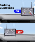 10.1 Inch Wireless RV Backup Camera System monitor showing parking guidelines on and off modes, dashboard mount