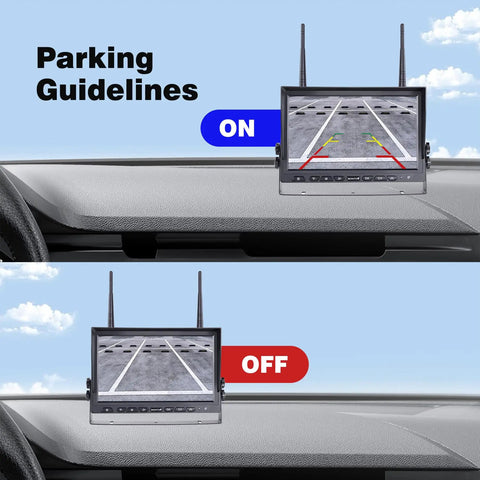 10.1 Inch Wireless RV Backup Camera System monitor showing parking guidelines on and off modes, dashboard mount