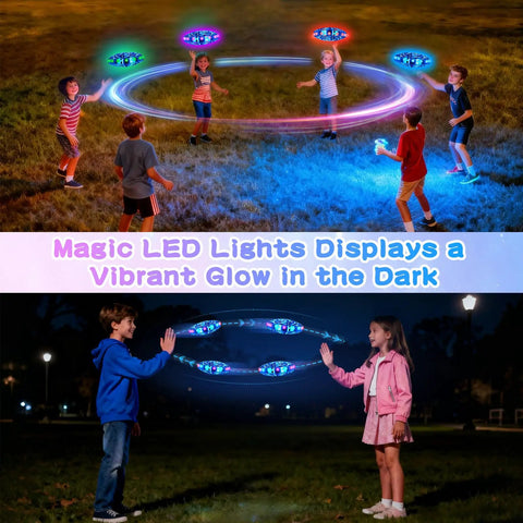 Kids playing with Kids Drone For Indoor And Outdoor Fun 2026 Upgrade With LED Lights Hand Operated Flying UFO outdoors at night