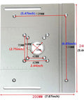 Badass Aluminum Router Table Insert Plate Sized At 9.45 By 7.87 Inches With Dual Mounting Holes, detailed dimensions shown.