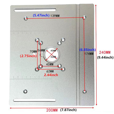 Badass Aluminum Router Table Insert Plate Sized At 9.45 By 7.87 Inches With Dual Mounting Holes, detailed dimensions shown.