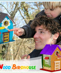 Father and child assembling 2 Pack Rustic Wood Bird House Kit With Paints And Brushes For Grownups And Kids Build It Yourself