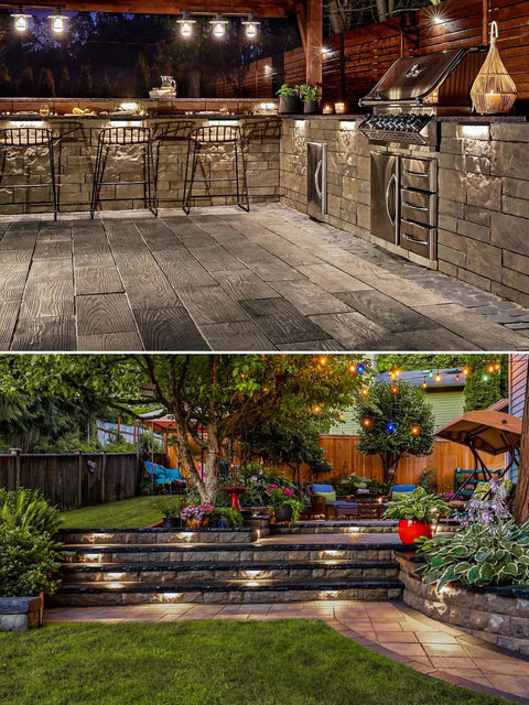 Outdoor patio with 5W Retaining Wall Lights 7 Inch LED Hardscape Lighting illuminating steps and walls at night