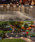Lit 5W LED Retaining Wall Lights 8 Pack illuminating outdoor kitchen and stairs, enhancing hardscape with 3000K soft white glow