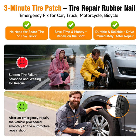 All In One Screw Type Tire Repair Kit With 60 Durable Plugs And Screwdriver, emergency tire fix demonstration for vehicles.