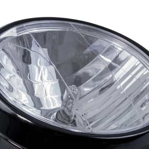Close-up of the 12 Volt Black Headlight Assembly Replacement for Baja Mini Bike MB200 with 35 Watt Bulb, clear lens detail