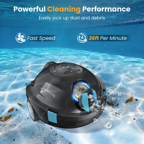 Cordless Robotic Pool Cleaner With Dual Suction And Ultra Long Battery Life submerged in pool showcasing cleaning ability