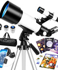 70mm Astronomical Telescope For Kids And Beginners With Space Puzzles Easy Setup And Fully Multi Coated Optics For Bright Clear Views Durable Tripod And Kid Friendly Fun Night Sky Exploration Starter Kit For Family Stargazing, white tube with tripod