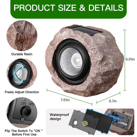 Solar Rock Lights Outdoor 2 Pack Lit Durable IP65 Waterproof Yard Pathway Lights With Auto On Off Function, resin material