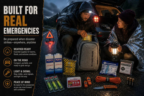 Two person premium 72 hour grab-and-go emergency survival kit with food, water, first aid, tools, and gear for disasters, shown on roadside.