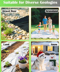 Collage showing gravel, grassland, garden, and snowy yard for Pack Of 50 Landscape Staples With Pick Hook 6 Inch Galvanized Garden Pins