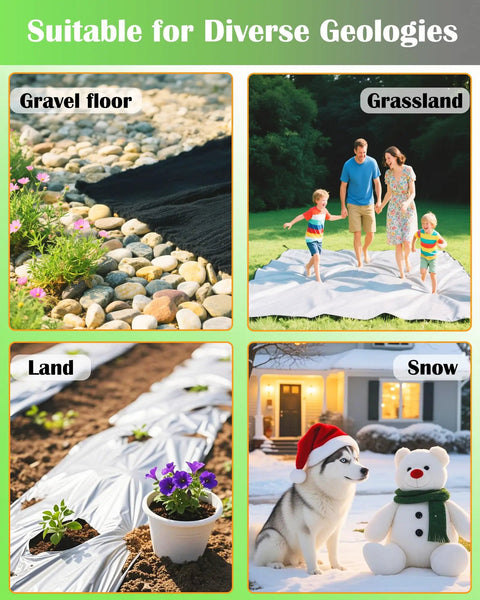 Collage showing gravel, grassland, garden, and snowy yard for Pack Of 50 Landscape Staples With Pick Hook 6 Inch Galvanized Garden Pins