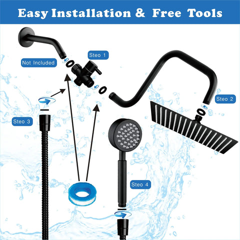 All Metal Shower Head With Handheld In Matte Black Extension Arm Boss Level Rainfall System assembly guide with parts