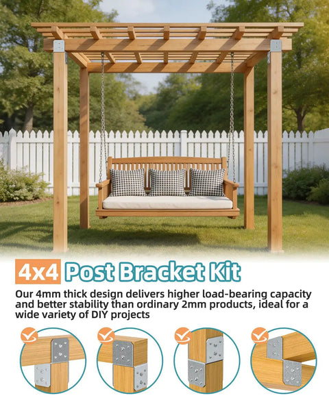 Heavy Duty 4x4 Post Bracket Kit For Wood Posts Pergolas Decks Porches Beams Made From Solid Carbon Steel 4mm Thick Built Tough For Superior Load Bearing Anti Bend Rigidity And Easy Install on wooden pergola swing frame