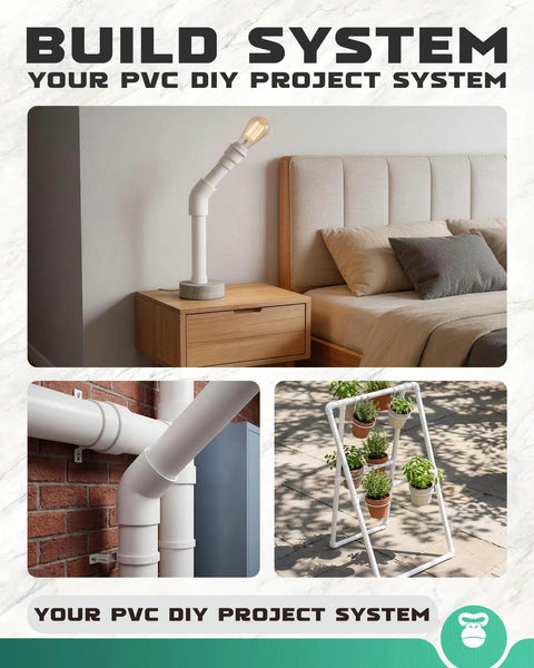 Unique DIY uses of 1/2 Inch PVC 45 Degree Elbow Fittings Socket To Socket Pack Of 20, including lamp stand, plant holder, and piping system.