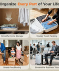 Collage of Cordless Travel Vacuum Seal Bags Set With Rechargeable Wireless Pump 18 Pack In 3 Sizes for storage and travel.