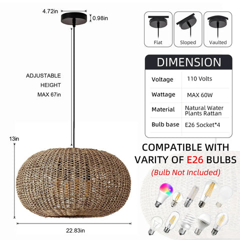 Large 22.83 Inch Rattan Boho Chandelier With Hand Woven Wicker, 4 Light Pendant Ceiling Fixture for living spaces illustration