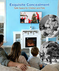 Family room with TV using Cord Hider Kit For Walls Paintable Cable Raceways; child and pet shown for safety emphasis.