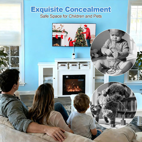 Family room with TV using Cord Hider Kit For Walls Paintable Cable Raceways; child and pet shown for safety emphasis.