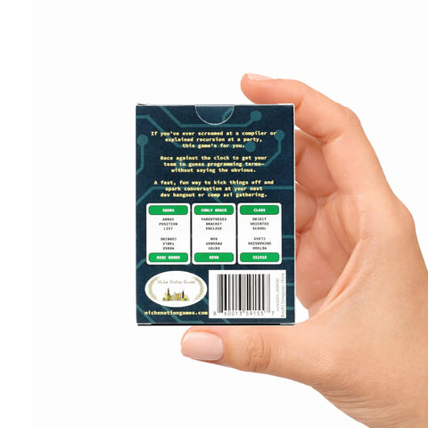 Back view of Icebreaker Coding Card Game box held in hand, featuring details and barcode. Perfect for programmers and devs gatherings.